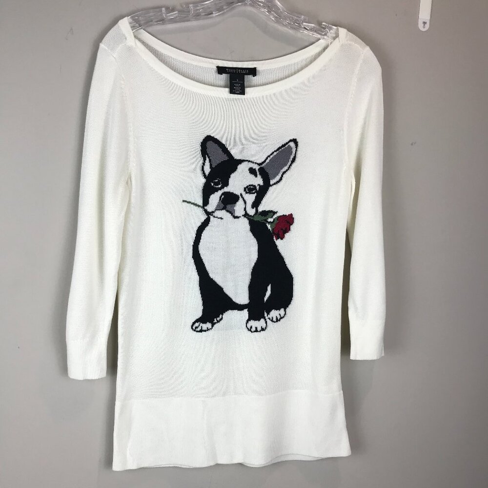 White House Black Market White Sweater with Dog Design